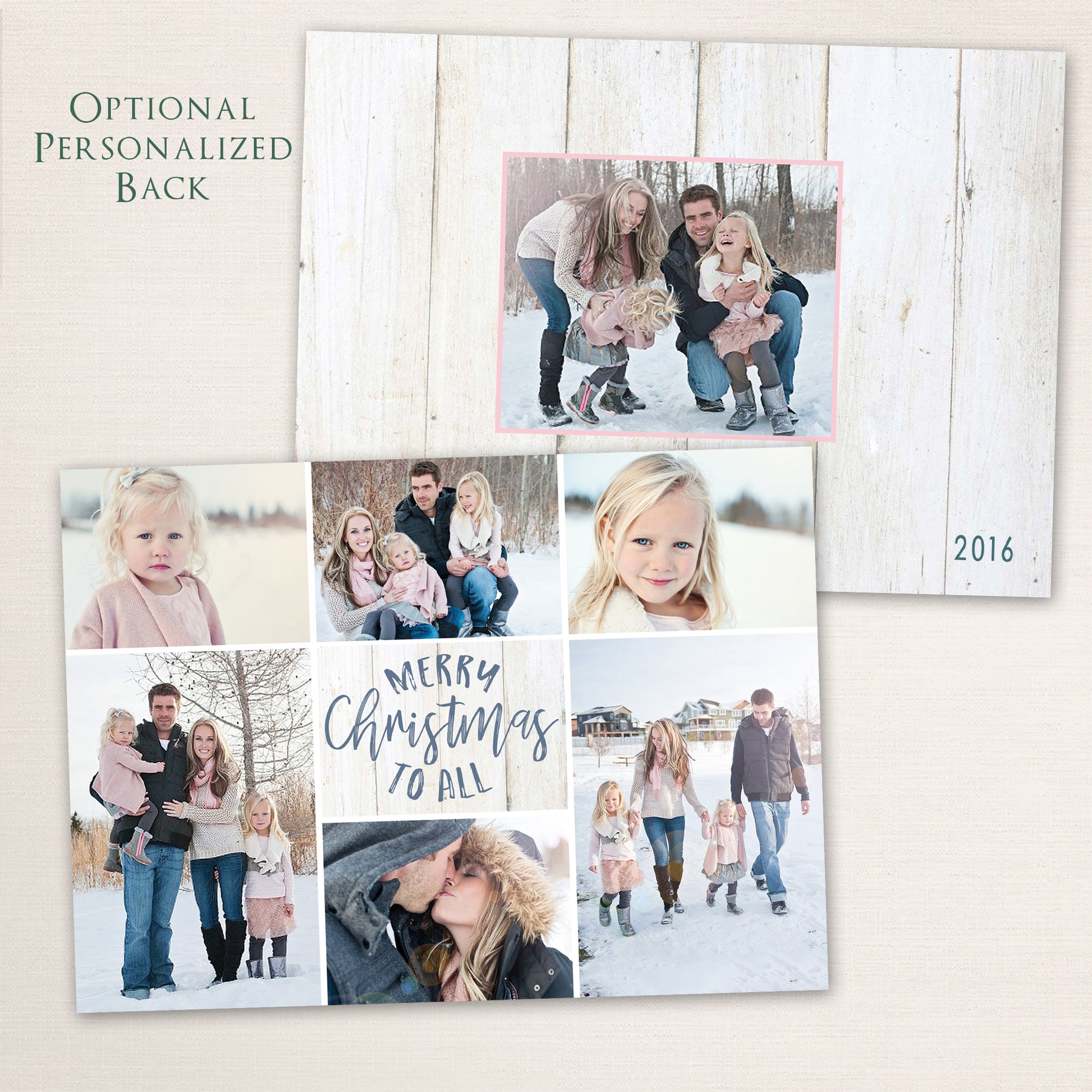 Rustic Merry Christmas to All card with 6 family photos and white wood texture background with an additional photo on the back.