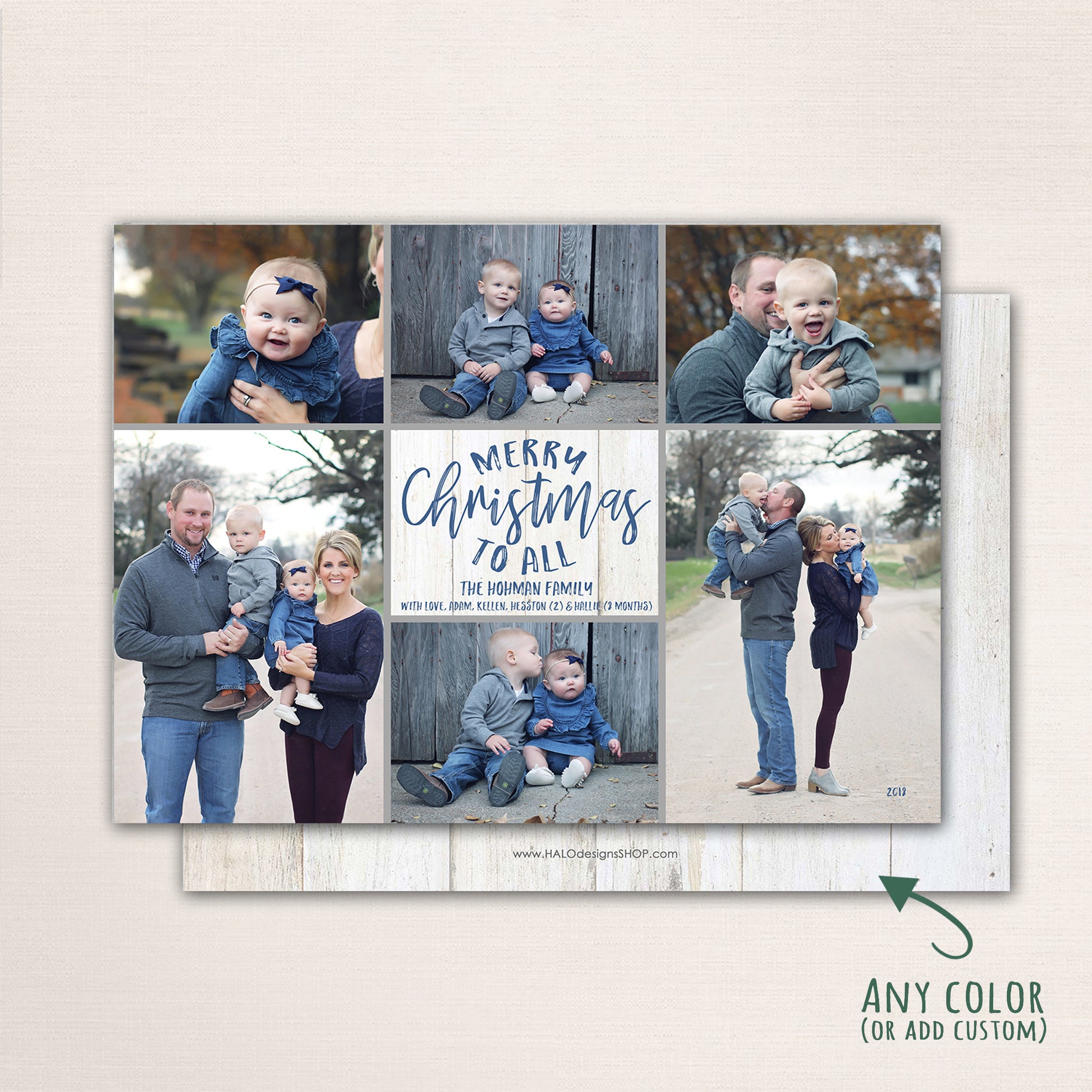 Neutral winter family photo collage card with customizable back and elegant hand-lettered text.