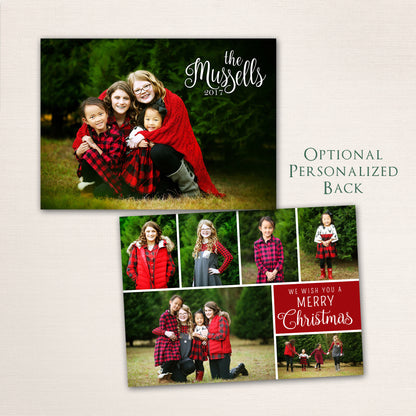 Classic red and black plaid Christmas photo card featuring a full-family photo front with script lettering and an optional personalized back with a collage of holiday portraits and “We Wish You a Merry Christmas” message.
