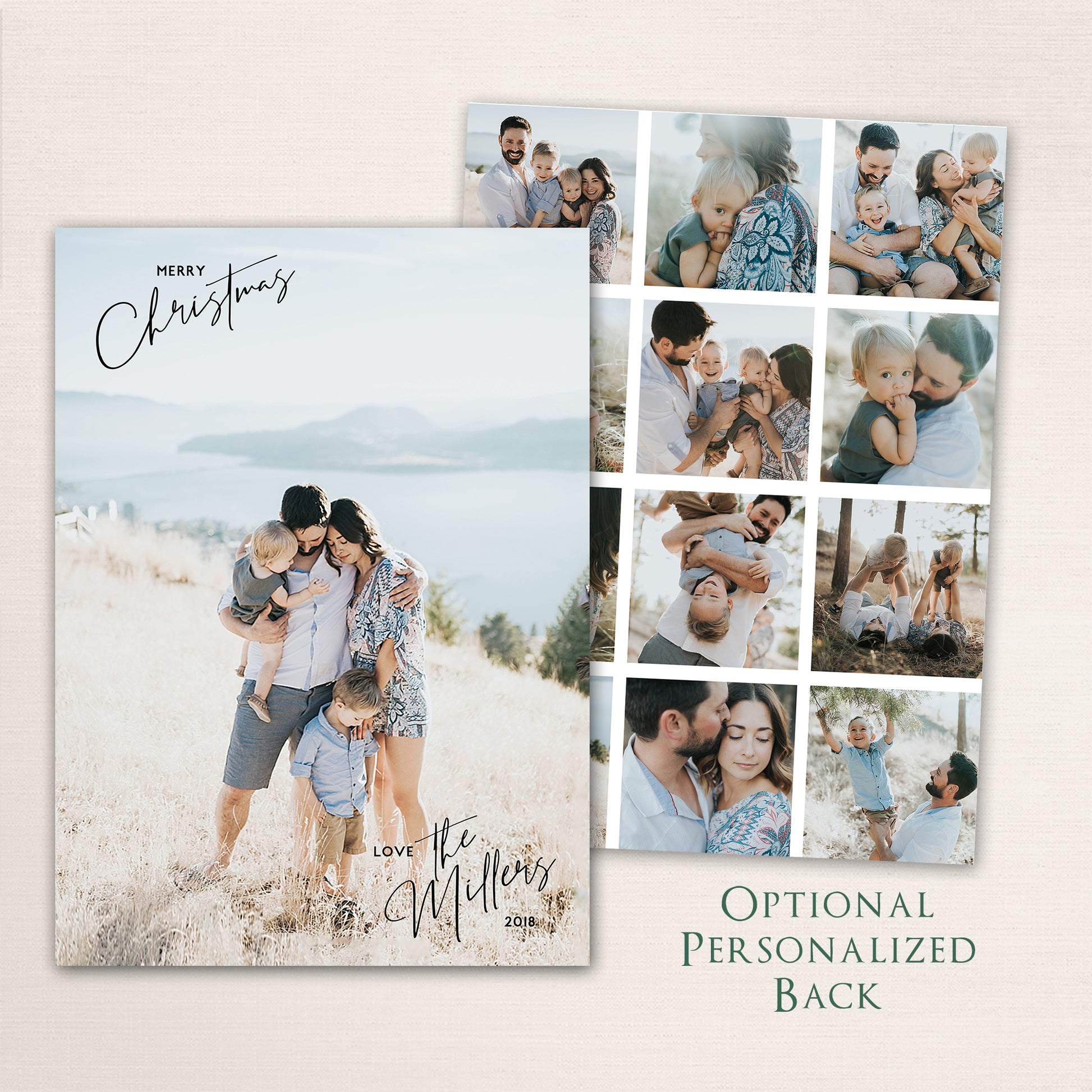 Minimalist holiday photo card with personalized family name and modern script “Merry Christmas” overlay and a photo collage on the back.