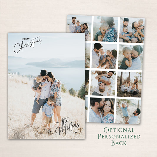 Minimalist holiday photo card with personalized family name and modern script “Merry Christmas” overlay and a photo collage on the back.