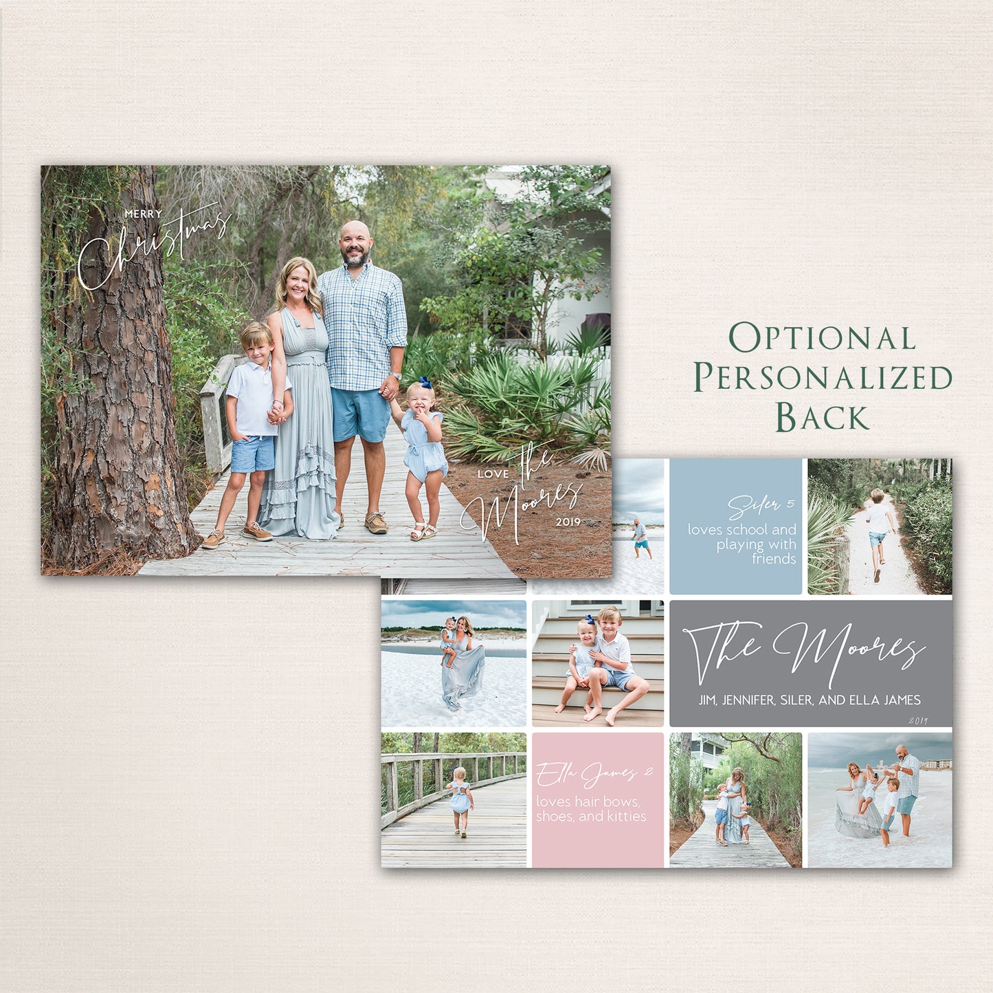 Elegant soft color photo Christmas card with customizable text and optional multi-photo back design for sharing memories.