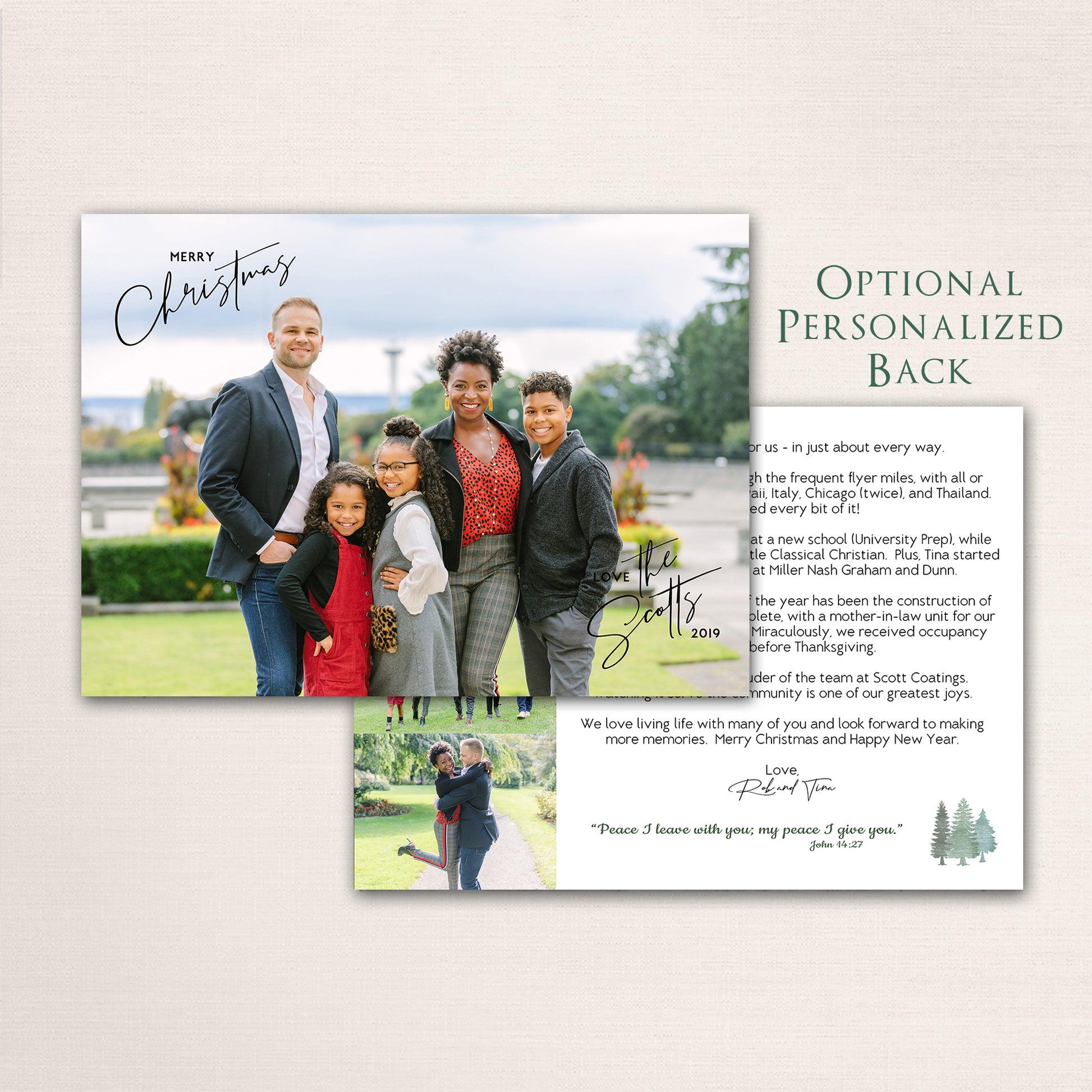 Modern Merry Christmas card with minimalist handwritten typography and full-photo front featuring a family outdoors and a family update message on the back.