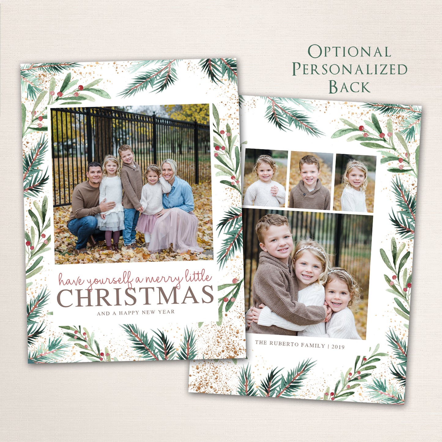 Merriest Christmas botanical photo card with watercolor pine branches and berries surrounding a family photo, featuring customizable names and year in modern typography and a collage of photos on the back.