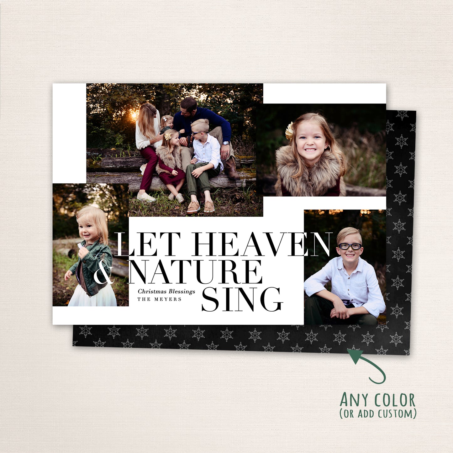 Modern Christmas photo card with bold black typography reading “Let Heaven and Nature Sing,” featuring four family photos and a customizable holiday greeting and a snowflake pattern background.