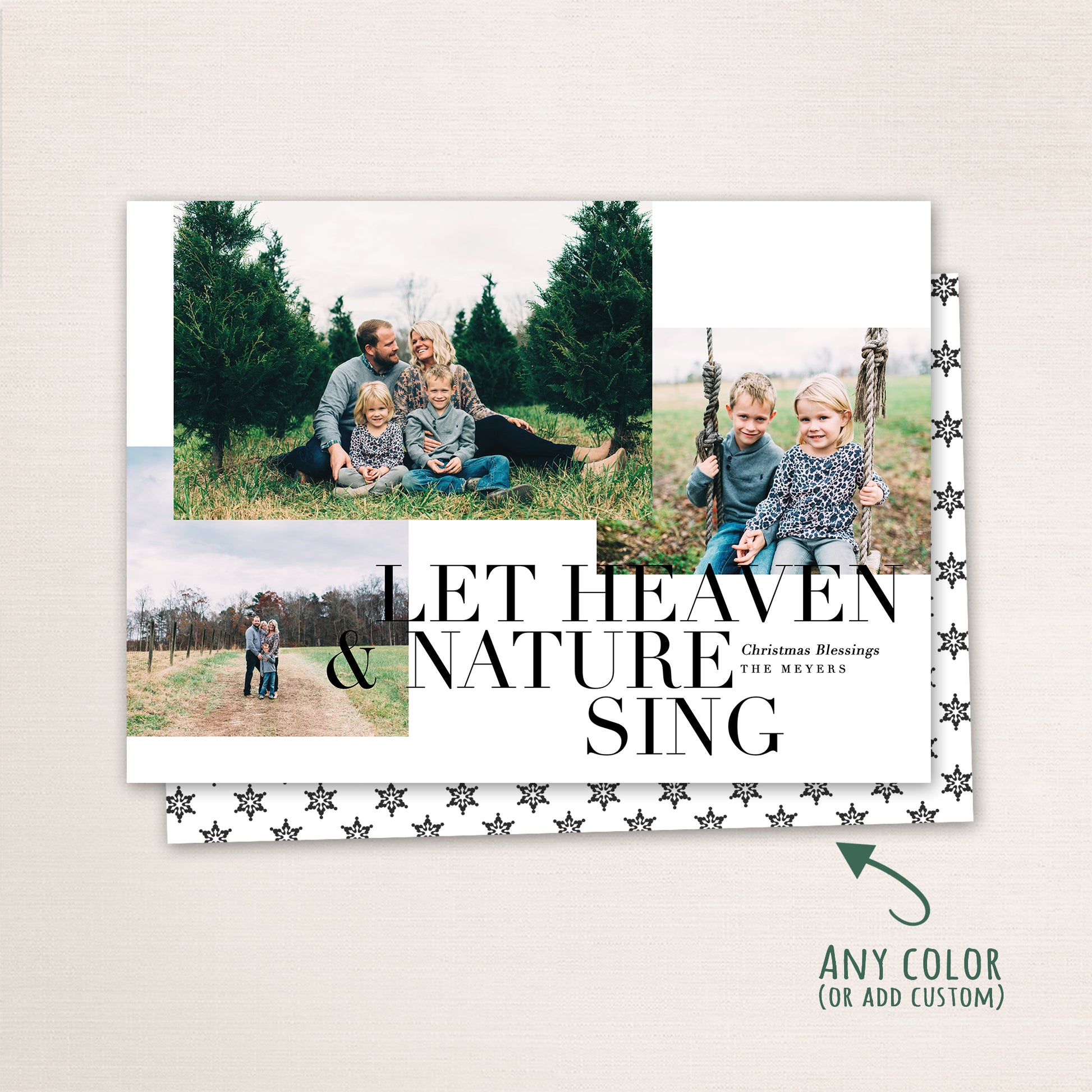 Modern Christmas photo card with bold black typography reading “Let Heaven and Nature Sing,” featuring multiple family photos and a customizable holiday greeting and a snowflake pattern background.