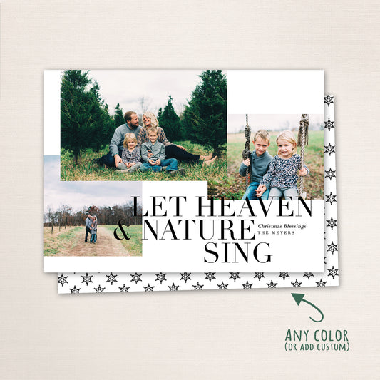 Modern Christmas photo card with bold black typography reading “Let Heaven and Nature Sing,” featuring multiple family photos and a customizable holiday greeting and a snowflake pattern background.