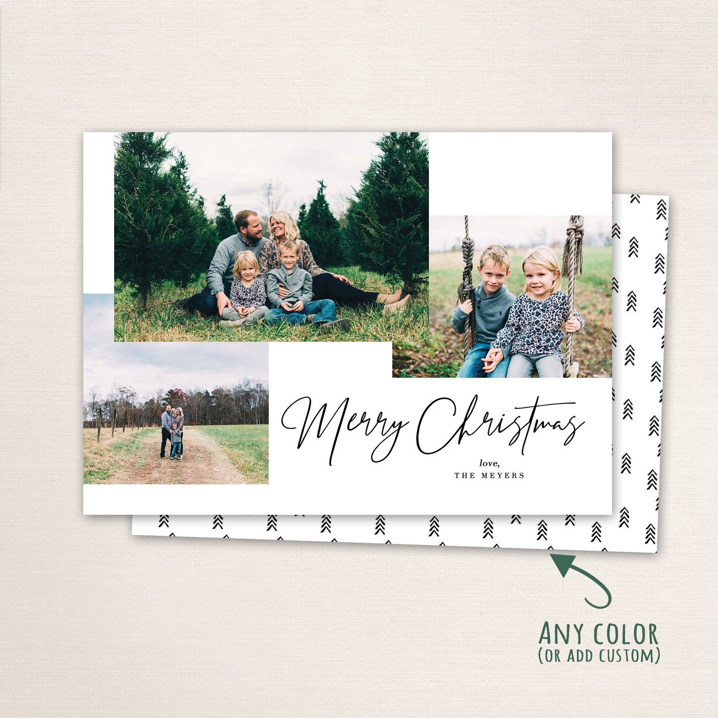 Modern Merry Christmas photo card featuring a multi-photo layout with minimalist script typography, customizable family name, and coordinating holiday pattern back.