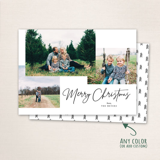 Modern Merry Christmas photo card featuring a multi-photo layout with minimalist script typography, customizable family name, and coordinating holiday pattern back.