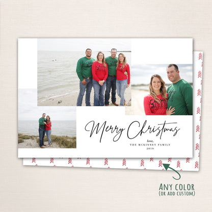Modern Merry Christmas photo card featuring a multi-photo layout with minimalist script typography, customizable family name, and coordinating holiday pattern back.