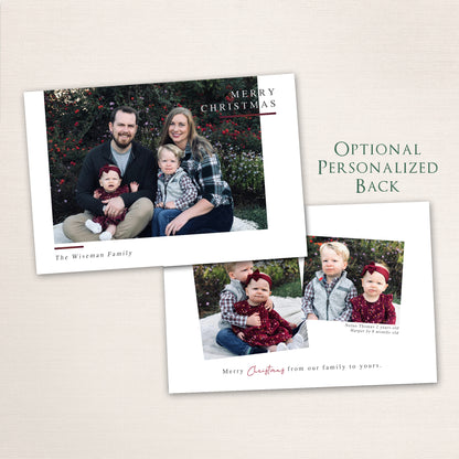 Horizontal modern minimalist holiday photo card with “Merry Christmas” text, full-family photo, white border, and a photo collage on the back.