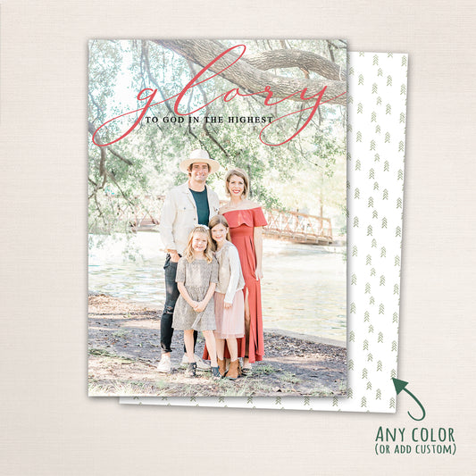 Modern Christmas photo card with handwritten typography and a mini tree pattern on the back.