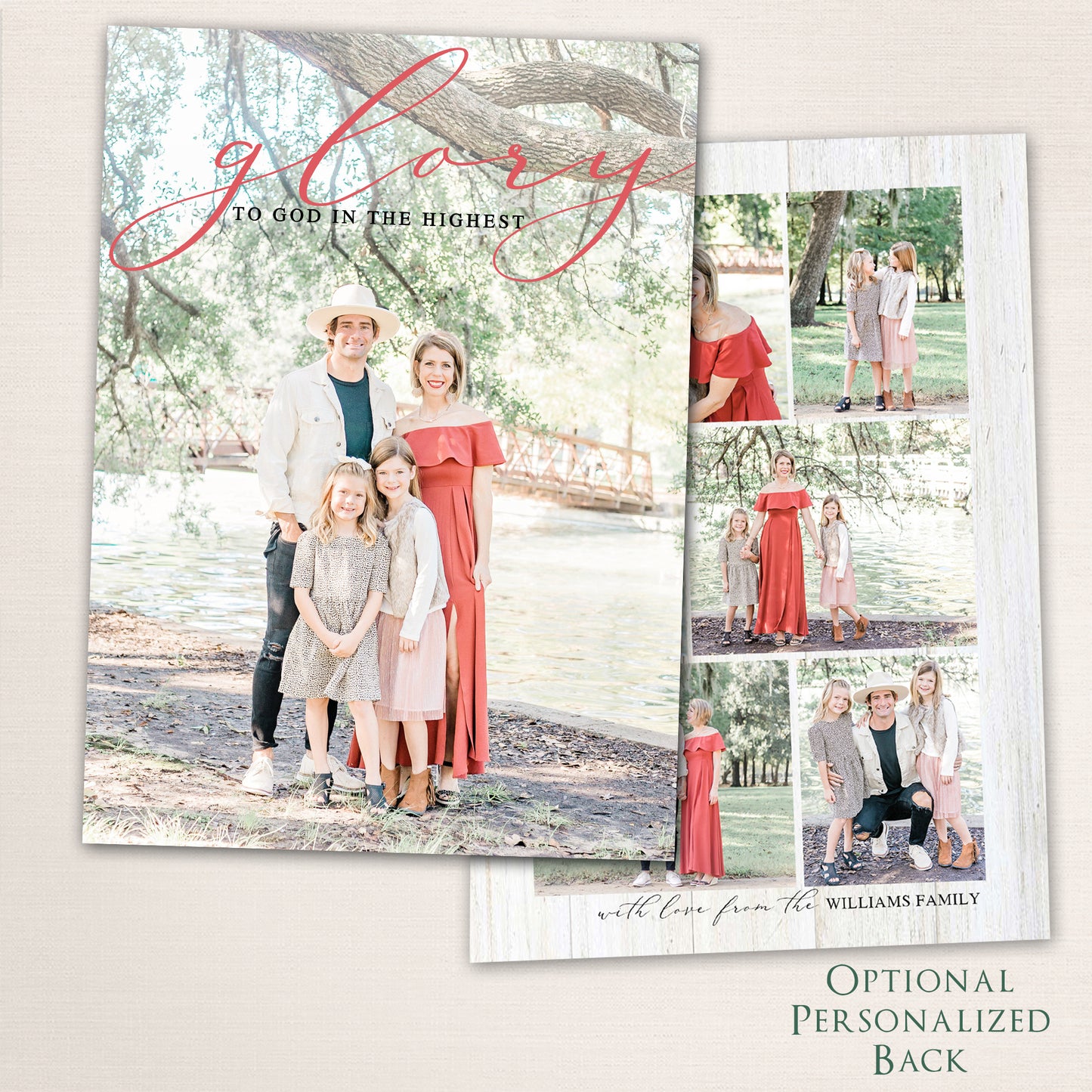 Modern Christmas photo card with handwritten typography and optional personalized back for extra photos.