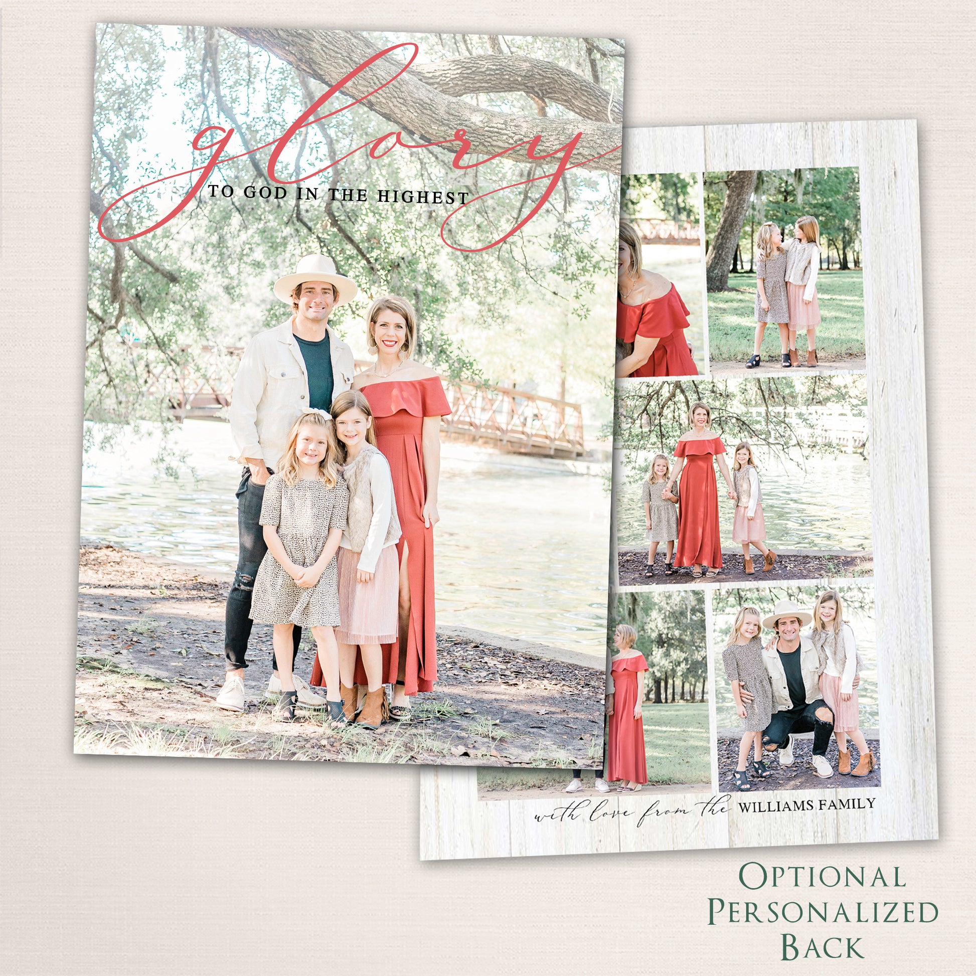 Modern Christmas photo card with handwritten typography and optional personalized back for extra photos.