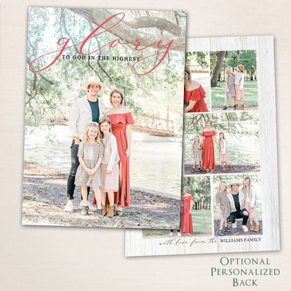 Modern Christmas photo card with handwritten typography and optional personalized back for extra photos.