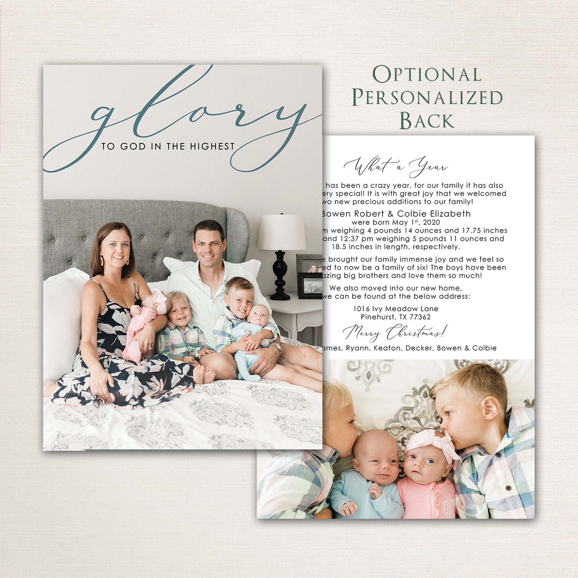 Religious holiday photo card celebrating faith with elegant script lettering and full-photo layout and the back has a paragraph with the annual family update.