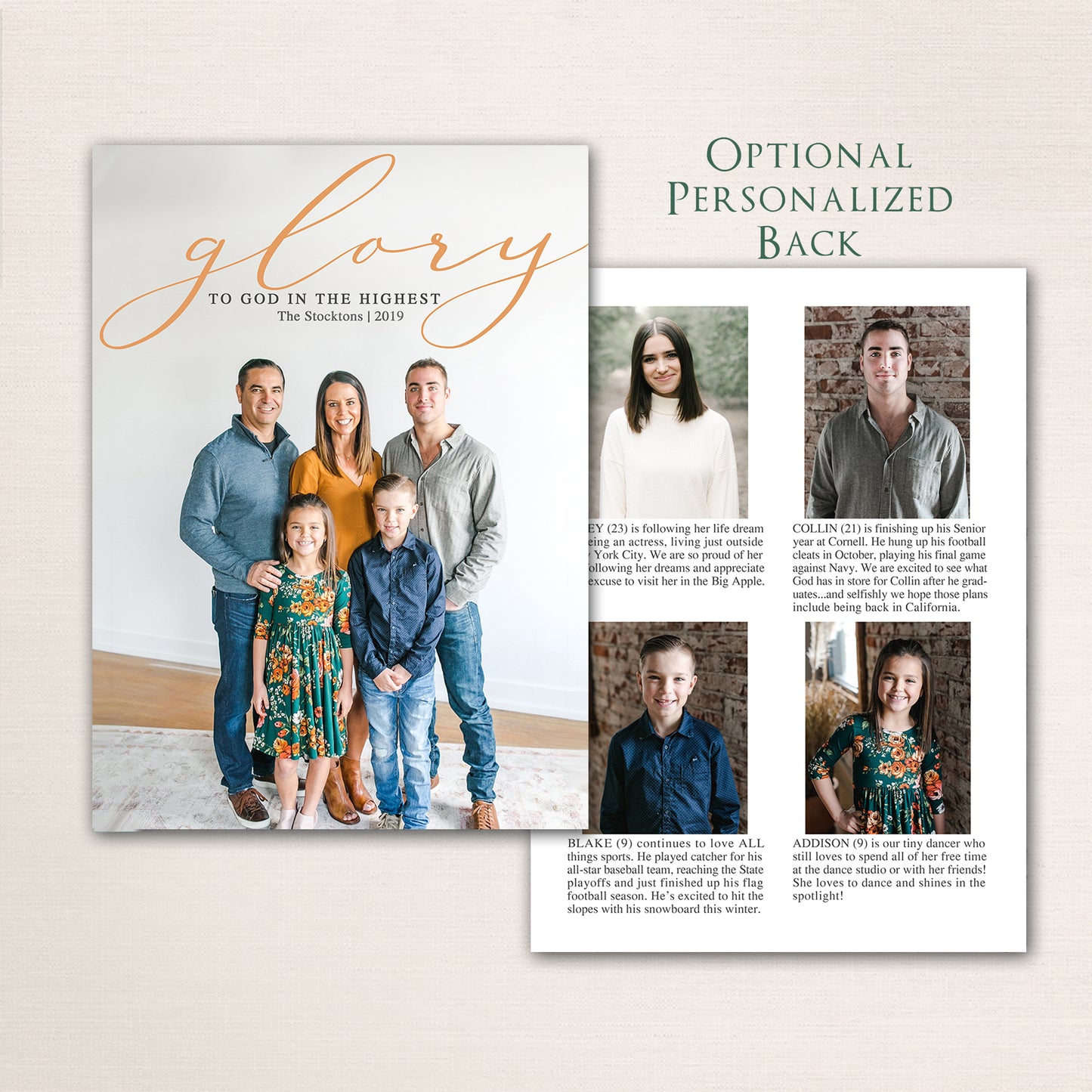 Faith-inspired Christmas card featuring elegant “Glory to God in the Highest” script over a family photo with customizable text.