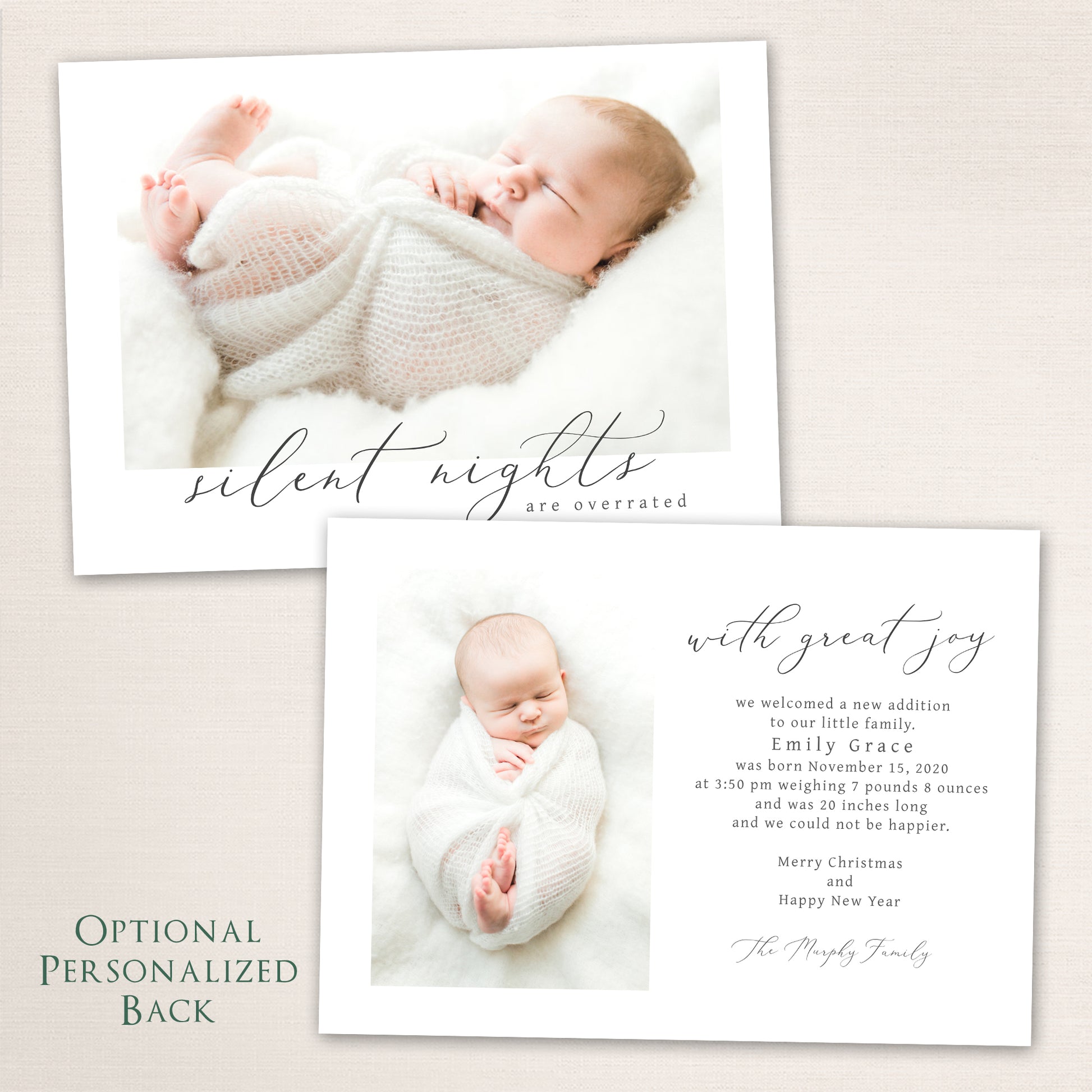 Minimalist holiday card featuring a sleeping newborn wrapped in white on the front with “Silent Nights Are Overrated” in script, and the back showing baby announcement details with a second baby photo and customizable message area.