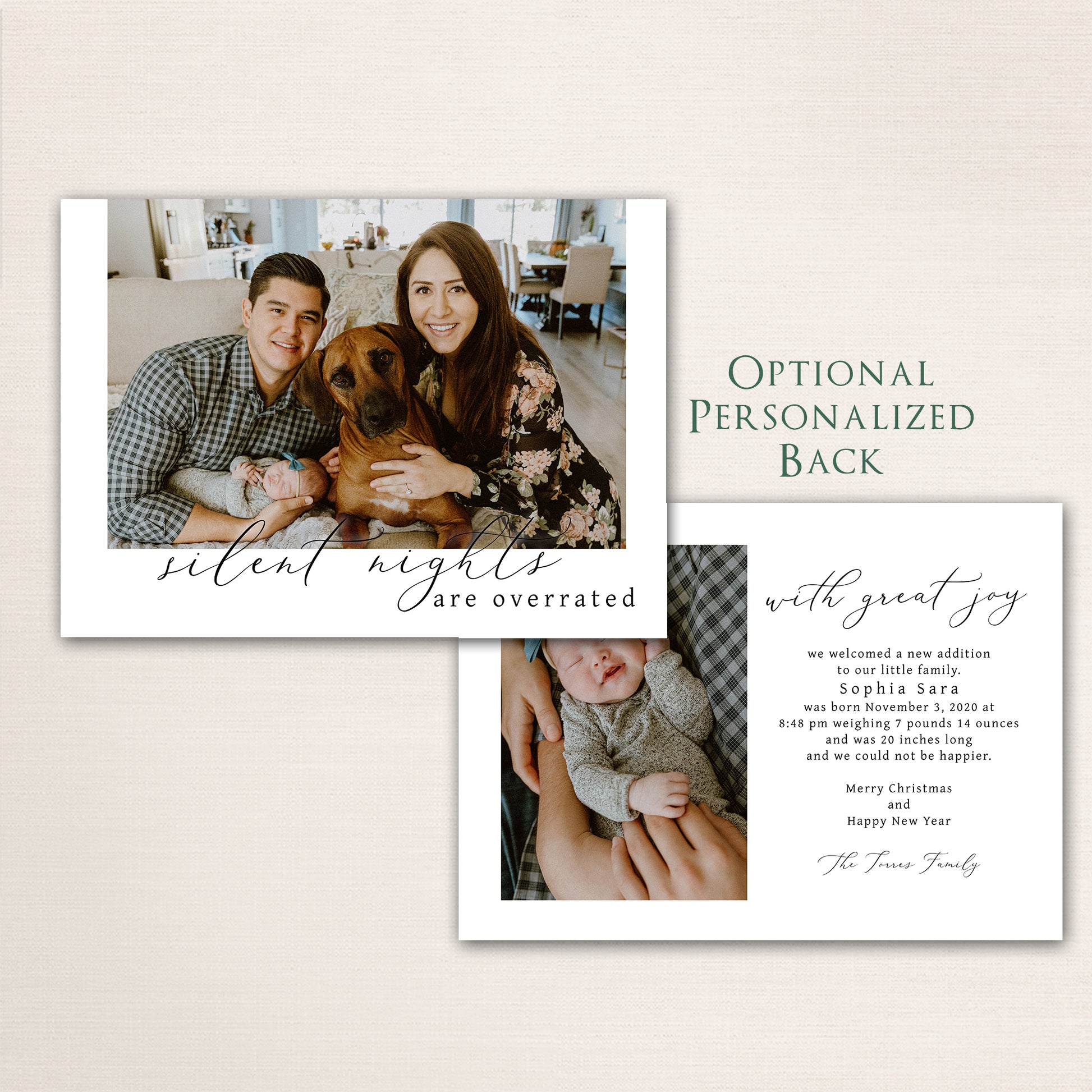 Family sitting together on a couch holding their newborn baby and pet dog, with the words “Silent Nights Are Overrated” written in elegant black script across the bottom. Optional personalized back shows baby details and an additional newborn photo.