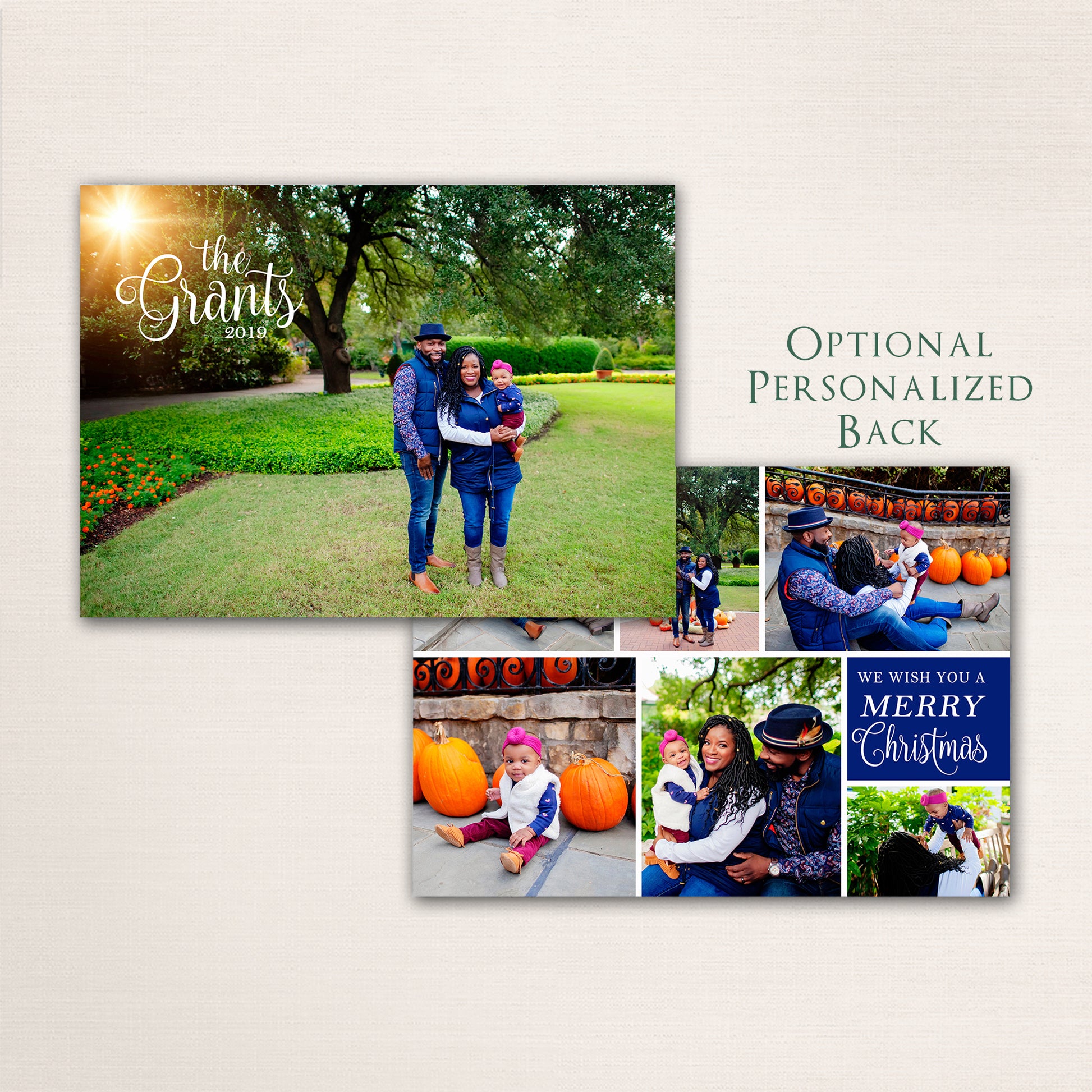 Classic Christmas photo card featuring a full-family photo front with script lettering and an optional personalized back with a collage of holiday portraits and “We Wish You a Merry Christmas” message.