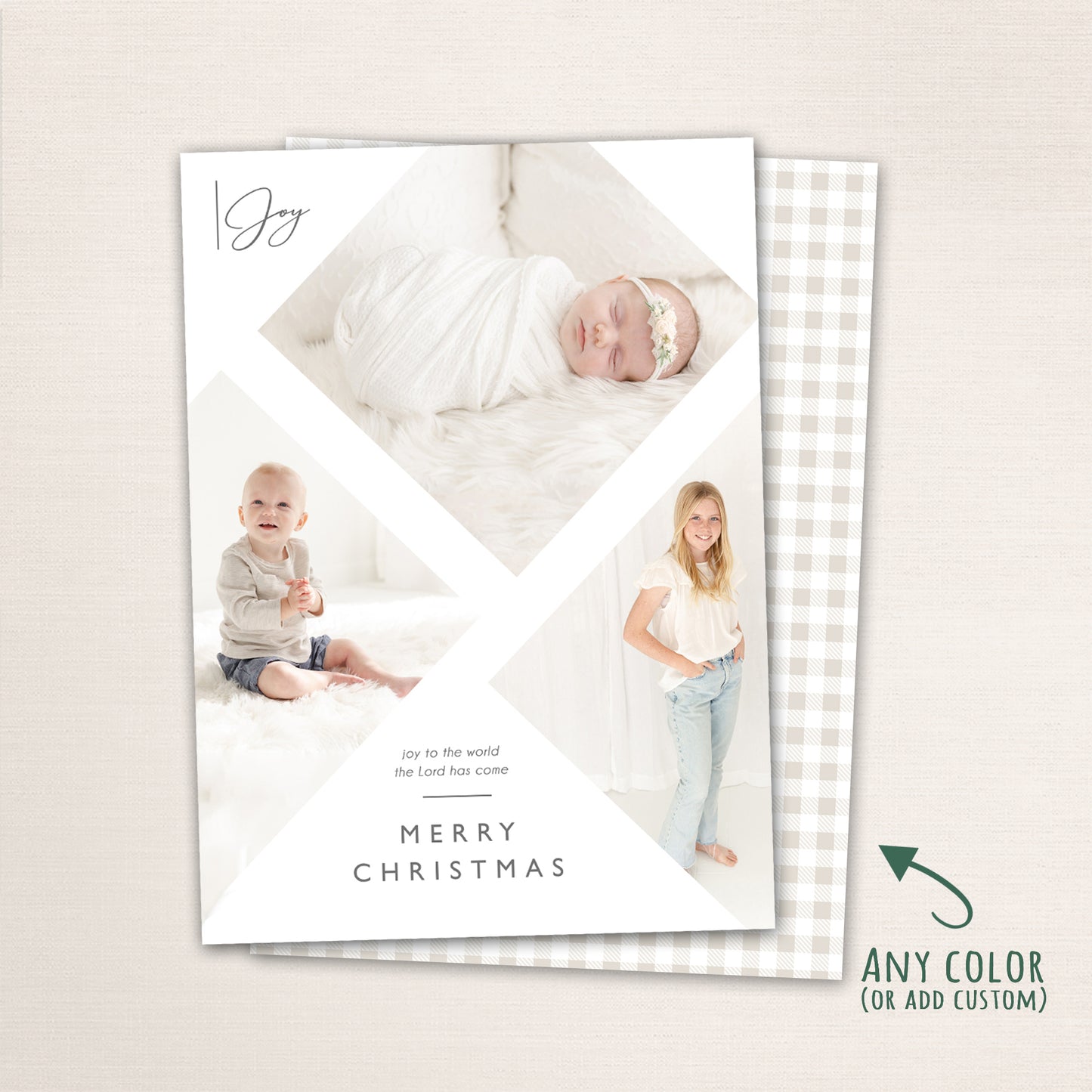 Faith-based Christmas photo card featuring a modern geometric layout with multiple photos, “Joy to the World the Lord Has Come” message, personalized family name, and a  matching plaid back.
