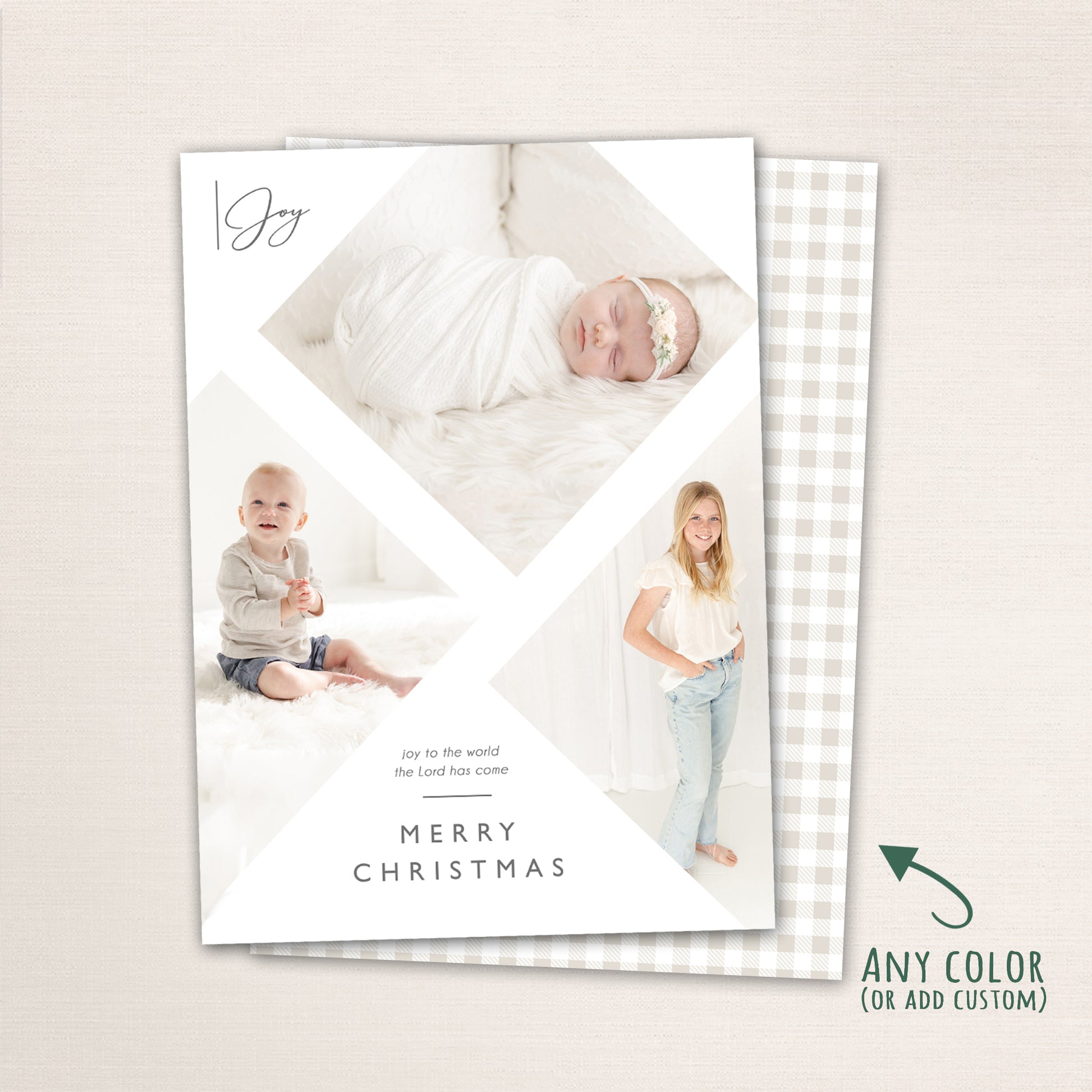Faith-based Christmas photo card featuring a modern geometric layout with multiple photos, “Joy to the World the Lord Has Come” message, personalized family name, and a  matching plaid back.