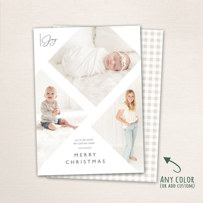 Faith-based Christmas photo card featuring a modern geometric layout with multiple photos, “Joy to the World the Lord Has Come” message, personalized family name, and a  matching plaid back.