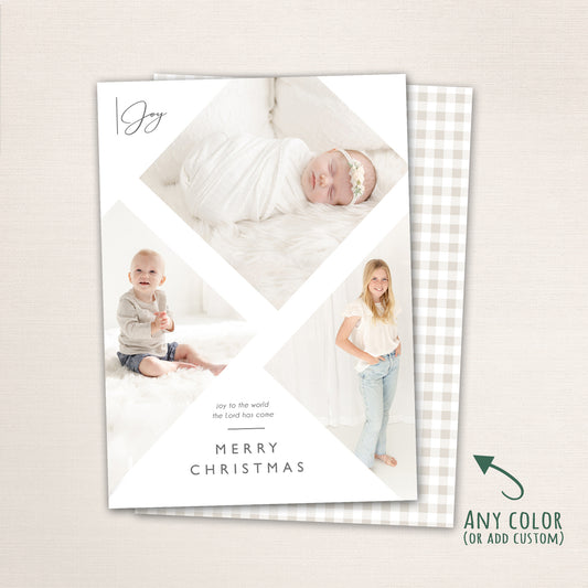 Faith-based Christmas photo card featuring a modern geometric layout with multiple photos, “Joy to the World the Lord Has Come” message, personalized family name, and a  matching plaid back.