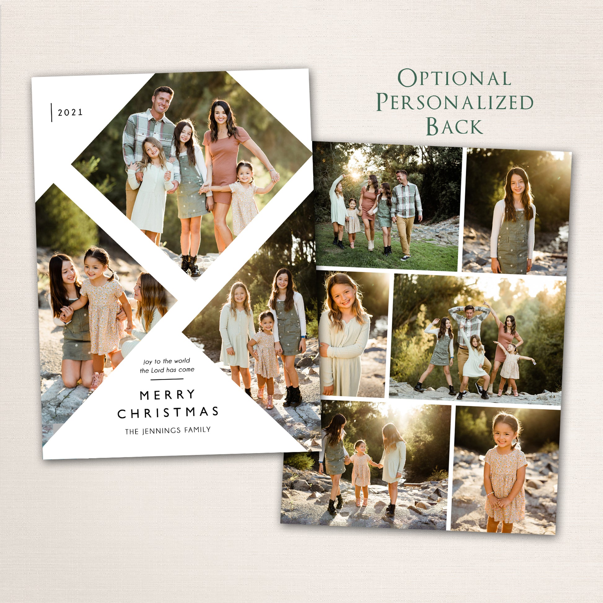 Faith-based Christmas photo card featuring a modern geometric layout with multiple photos, “Joy to the World the Lord Has Come” message, personalized family name, and optional back with additional photos.