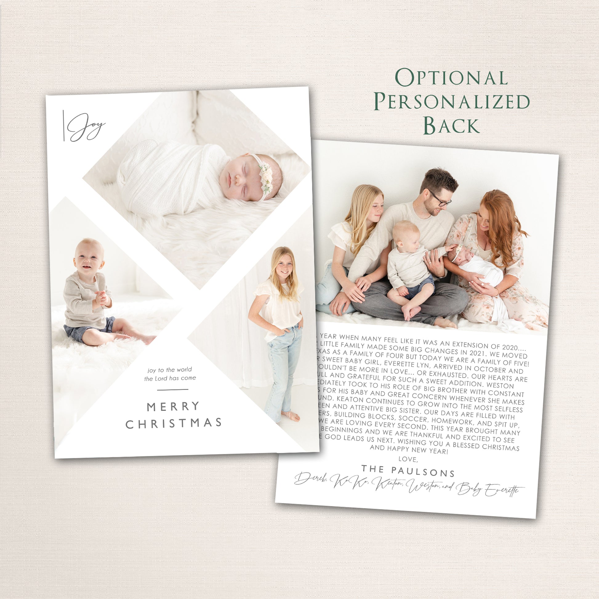 Faith-based Christmas photo card featuring a modern geometric layout with multiple photos, “Joy to the World the Lord Has Come” message, personalized family name, and optional back with a family update.
