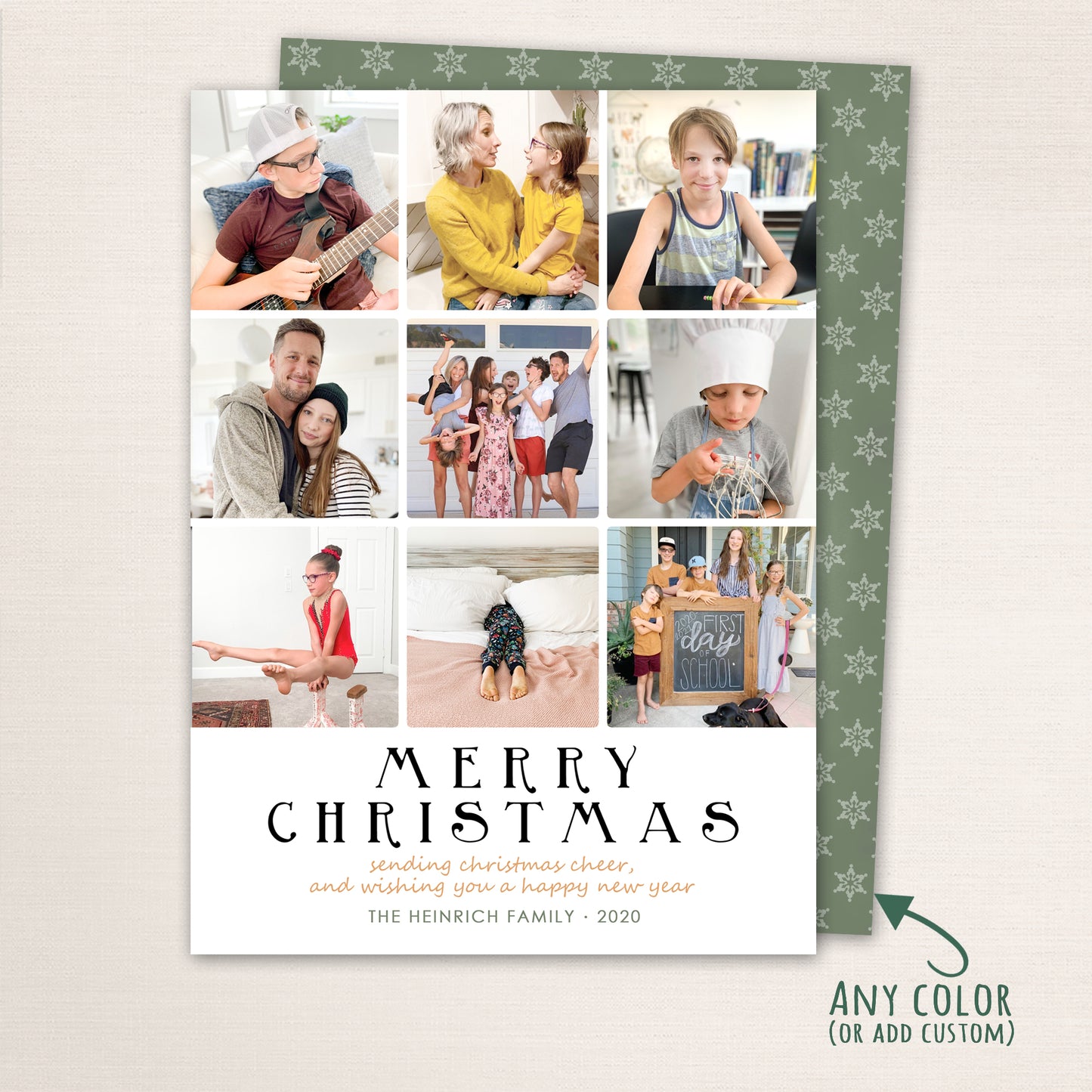 Merry Christmas multi-photo holiday card with a red snowflake pattern, featuring a grid of 9 family photos, and festive typography that reads “Merry Christmas sending Christmas cheer and wishing you a happy new year.”