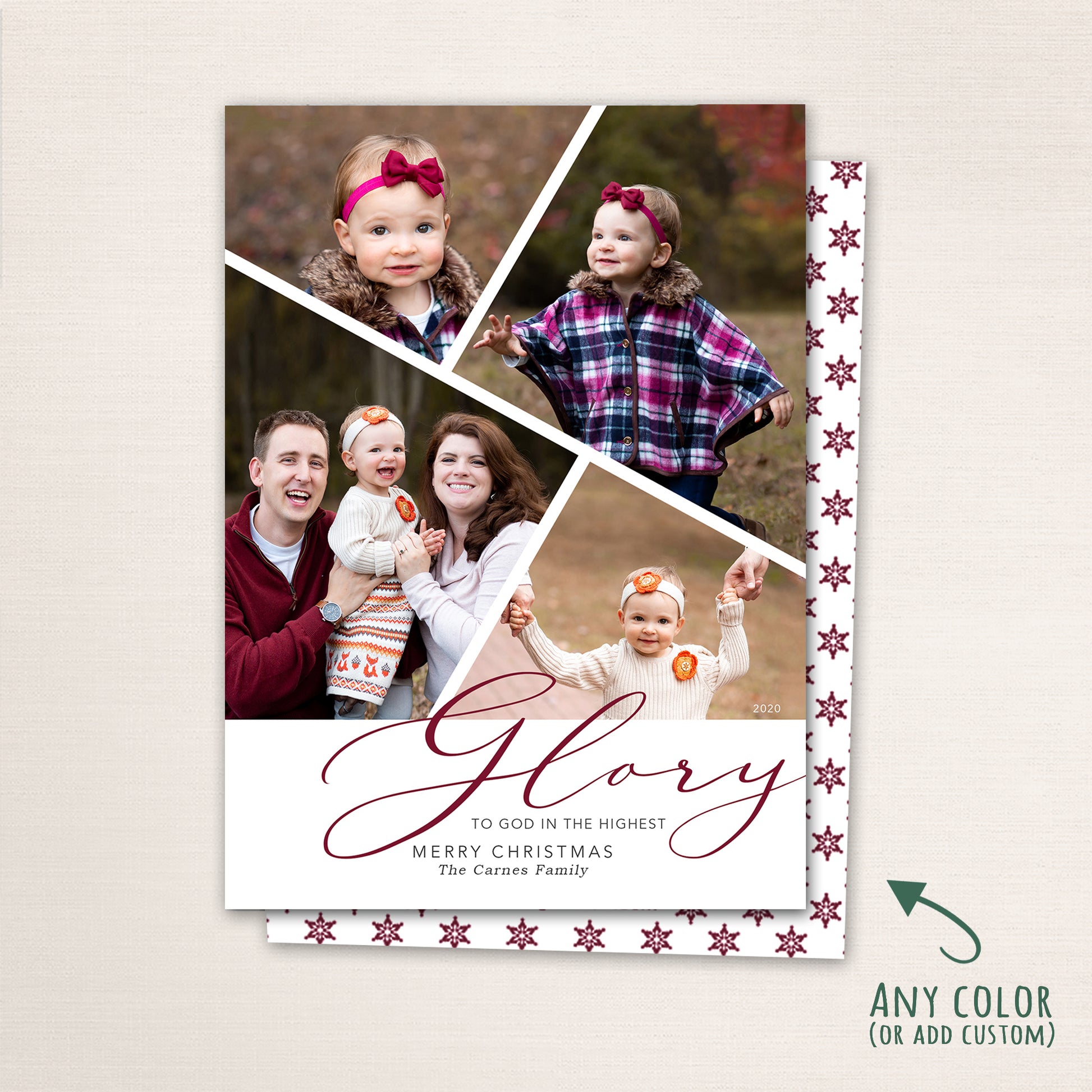 Faith-inspired Christmas photo card featuring a modern geometric multi-photo collage design with elegant “Glory to God in the Highest” script and text, personalized family name, and coordinating star-patterned back in customizable colors.