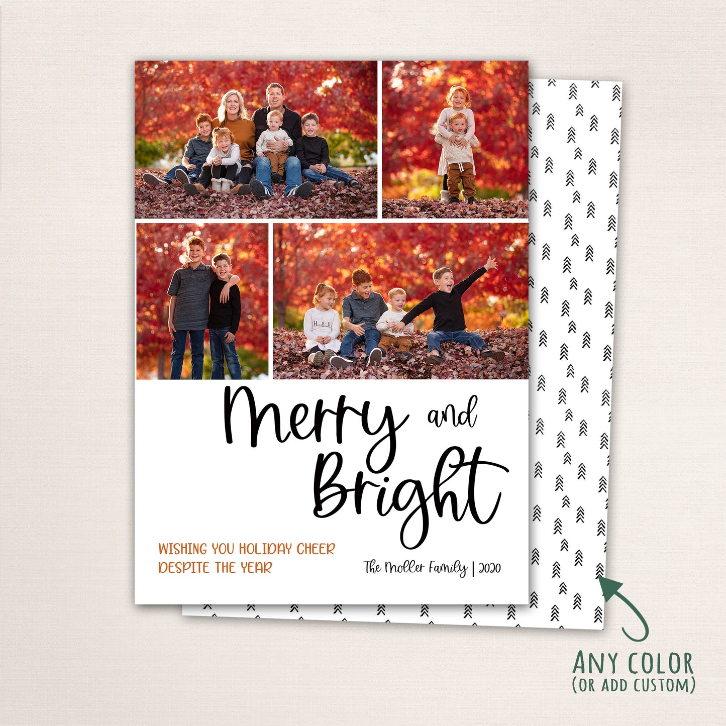 Modern Merry and Bright holiday photo card from Halo Design Shop featuring a multi-photo collage layout, cheerful script typography, personalized family name, and coordinating arrow-patterned back in customizable colors.