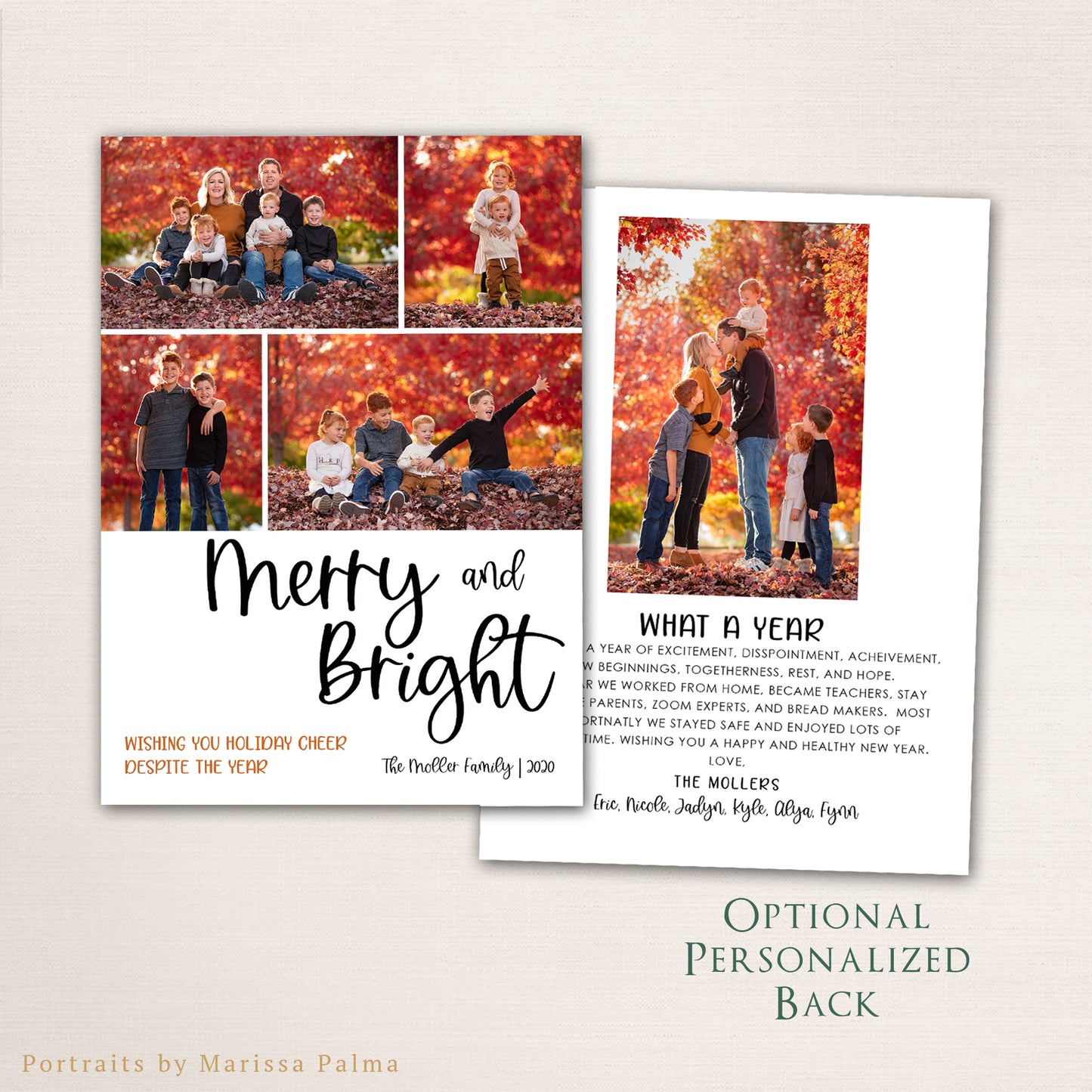 Modern Merry and Bright holiday photo card featuring a multi-photo collage layout, cheerful script typography, personalized family name, and coordinating back with a family update.