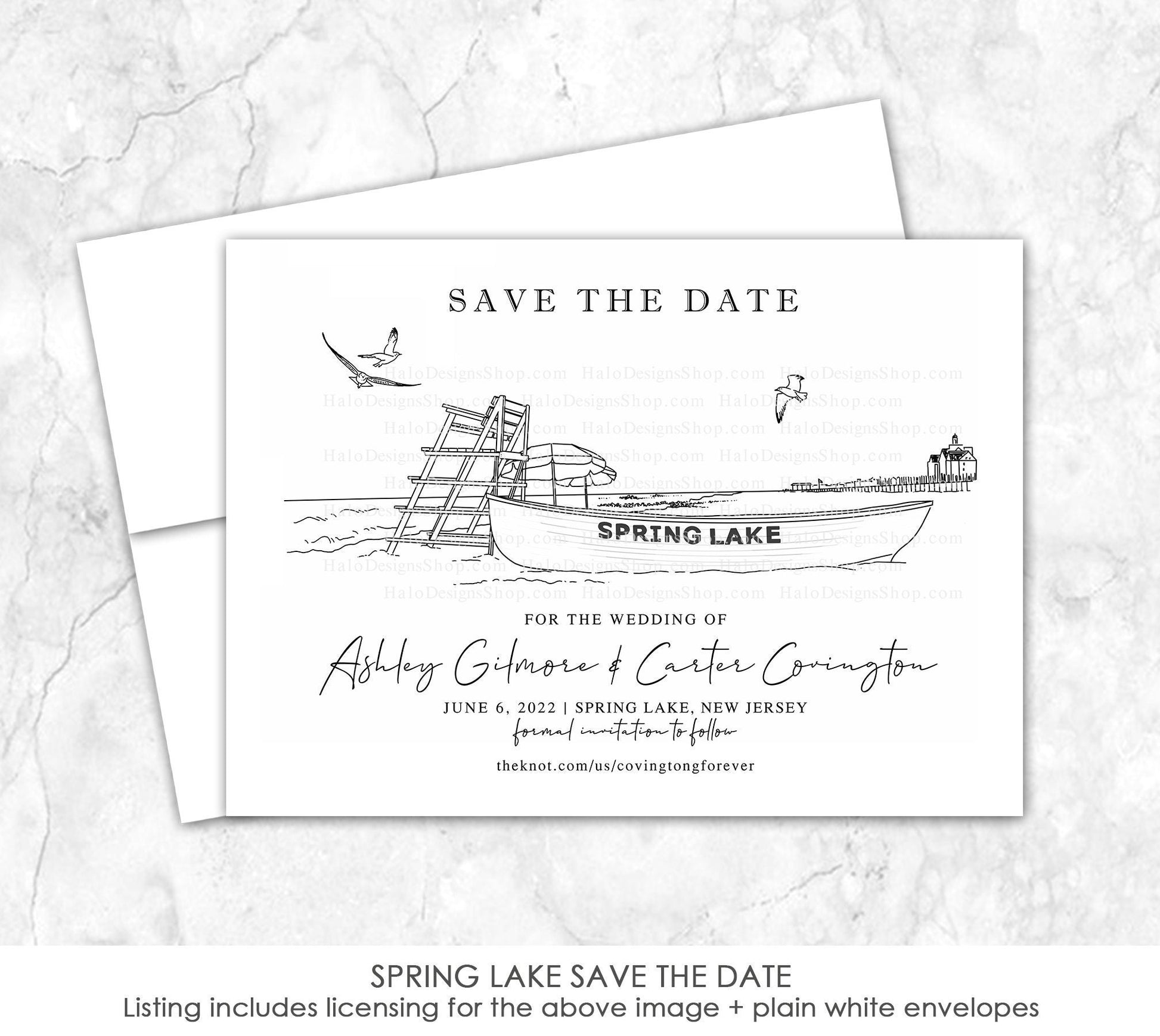 Custom Sketch Save the Date card featuring hand-drawn venue illustration of Spring Lake in Spring Lake, New Jersey, personalized wedding stationery with elegant venue artwork. 