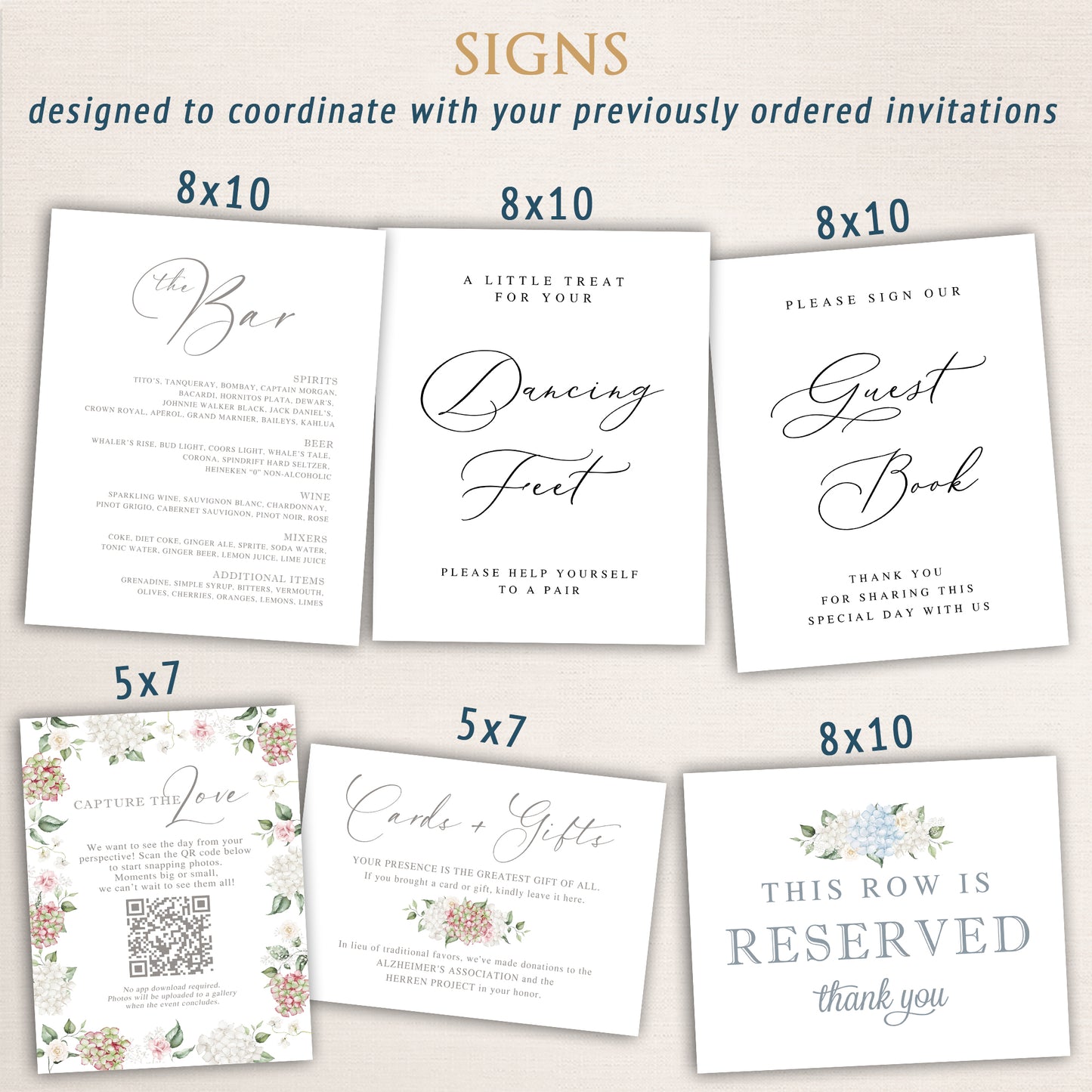 8x10 and 5x6  wedding day signs featuring classic and floral designs including a Bar Menu, Dancing Feet, Guest Book, Cards & Gifts, Capture the Love, and Reserved seating cards, styled to match previously ordered invitations.