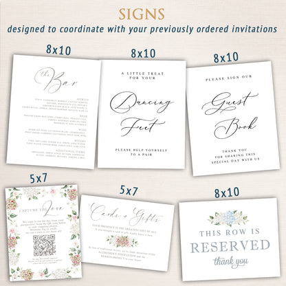 8x10 and 5x6  wedding day signs featuring classic and floral designs including a Bar Menu, Dancing Feet, Guest Book, Cards & Gifts, Capture the Love, and Reserved seating cards, styled to match previously ordered invitations.
