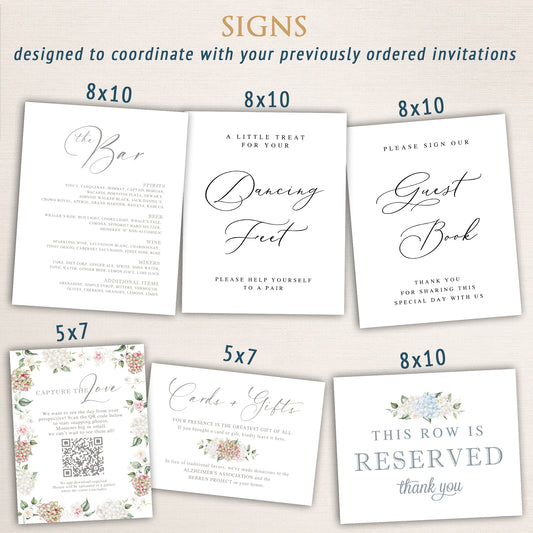 8x10 and 5x6  wedding day signs featuring classic and floral designs including a Bar Menu, Dancing Feet, Guest Book, Cards & Gifts, Capture the Love, and Reserved seating cards, styled to match previously ordered invitations.