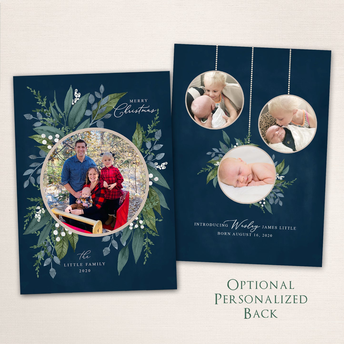 Holiday wreath photo Christmas card featuring a circular photo framed by watercolor greenery and berries, personalized family name, and optional matching back featuring 3 round ornament-like photos.