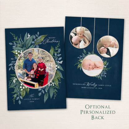 Holiday wreath photo Christmas card featuring a circular photo framed by watercolor greenery and berries, personalized family name, and optional matching back featuring 3 round ornament-like photos.