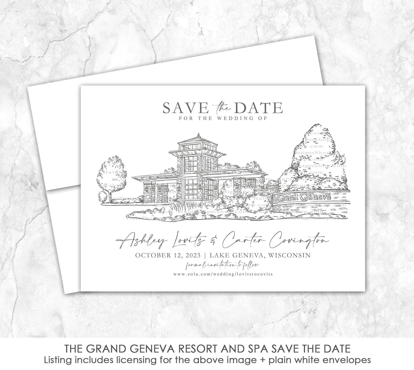 Custom watercolor Save the Date card featuring hand-painted illustration of the Grand Geneva Resort in Lake Geneva, Wisconsin, personalized wedding stationery with elegant venue artwork.