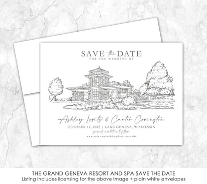 Custom watercolor Save the Date card featuring hand-painted illustration of the Grand Geneva Resort in Lake Geneva, Wisconsin, personalized wedding stationery with elegant venue artwork.