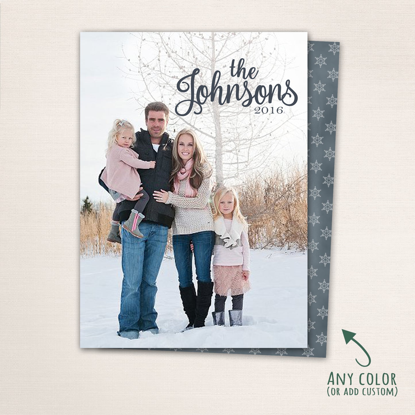Classic family Christmas photo card featuring a full-photo front design with the family name in modern calligraphy, plus an optional back layout with multiple photos and “We Wish You a Merry Christmas” message.