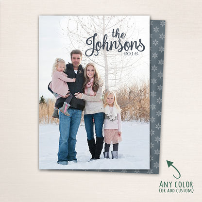 Classic family Christmas photo card featuring a full-photo front design with the family name in modern calligraphy, plus an optional back layout with multiple photos and “We Wish You a Merry Christmas” message.