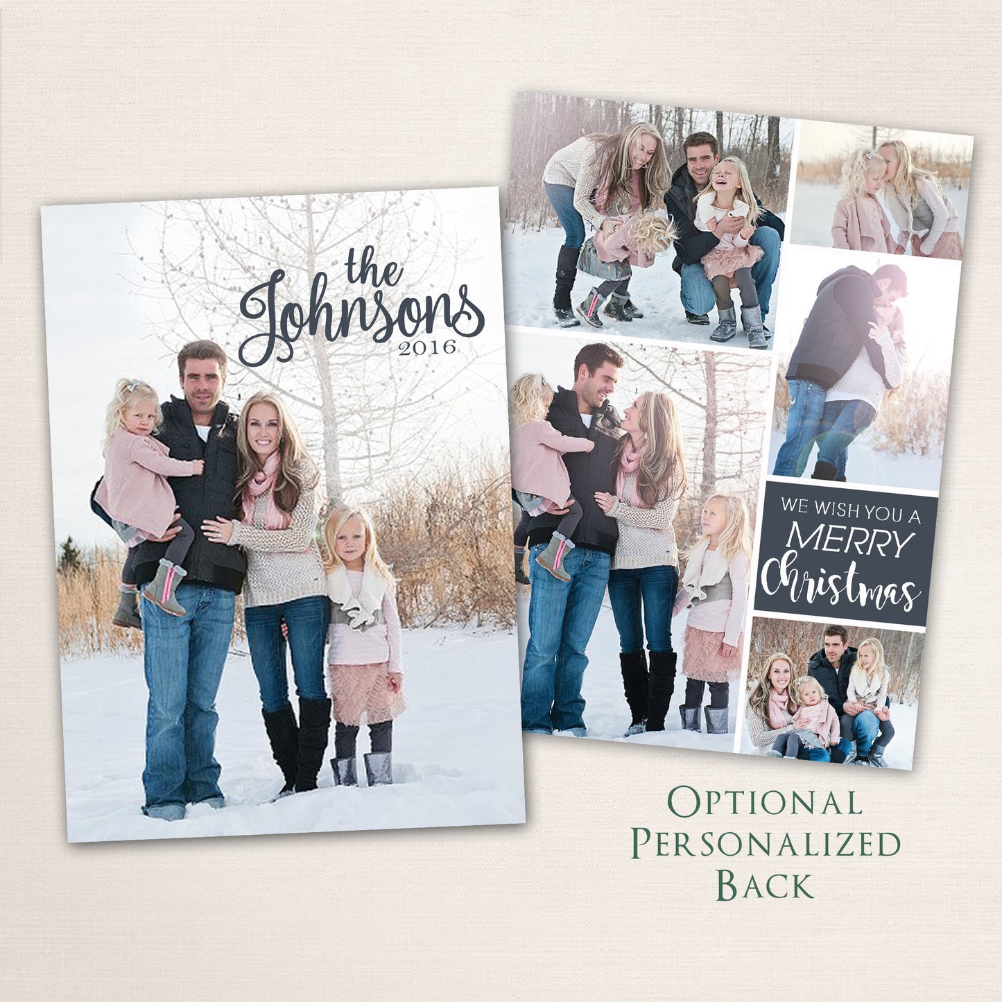 Classic family Christmas photo card featuring a full-photo front design with the family name in modern calligraphy, plus an optional back layout with multiple photos and “We Wish You a Merry Christmas” message.