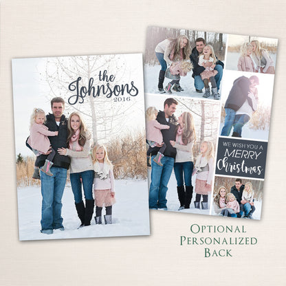 Classic family Christmas photo card featuring a full-photo front design with the family name in modern calligraphy, plus an optional back layout with multiple photos and “We Wish You a Merry Christmas” message.