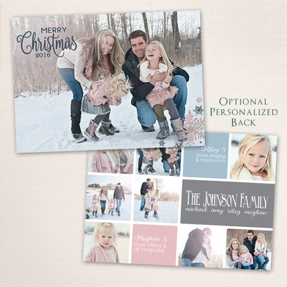 Family playing together in the snow with “Merry Christmas” in soft script and pastel snowflake accents, featuring an optional back with family photos and personalized text boxes.