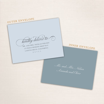An inner and outer envelope set where the outer envelope has the guest names and address printed on it and the inner envelope just has the guest names printed. 