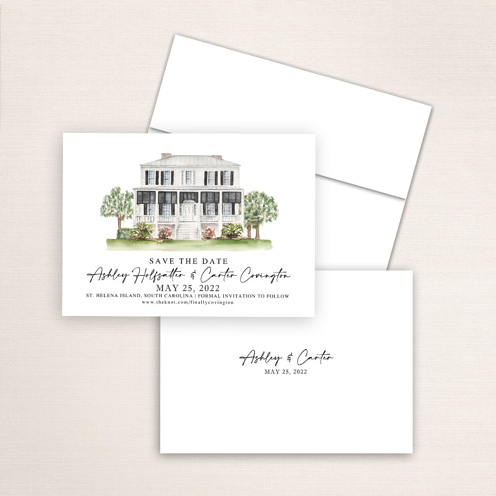 Custom watercolor Save the Date card featuring hand-painted illustration of Agape Oaks on St Helena Island, South Carolina, personalized wedding stationery with elegant venue artwork.