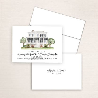 Custom watercolor Save the Date card featuring hand-painted illustration of Agape Oaks on St Helena Island, South Carolina, personalized wedding stationery with elegant venue artwork.
